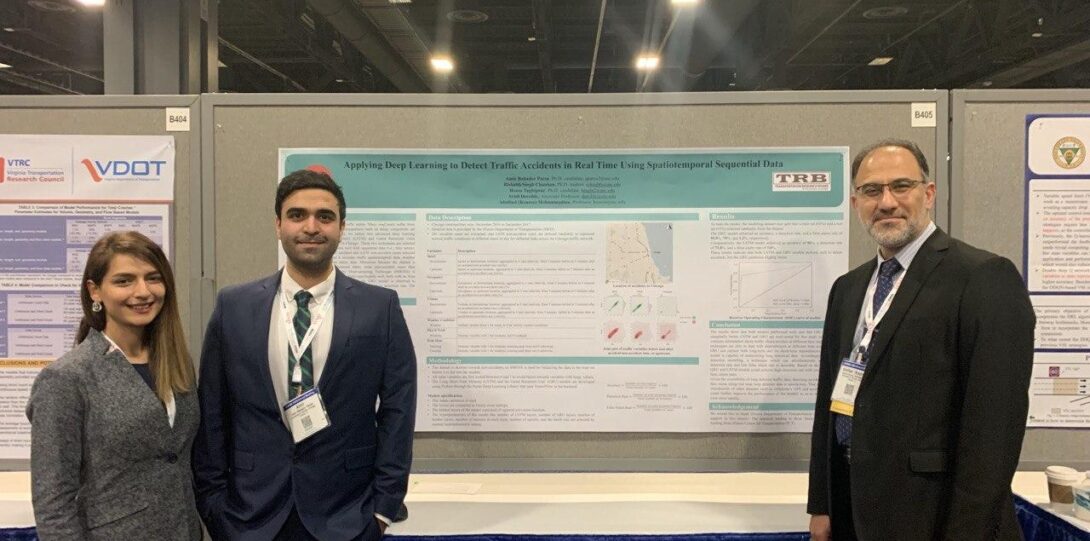 ITE Chapter at UIC members at TRB 2020 - A professional photograph of a group of three people standing in front of a research poster at a conference.